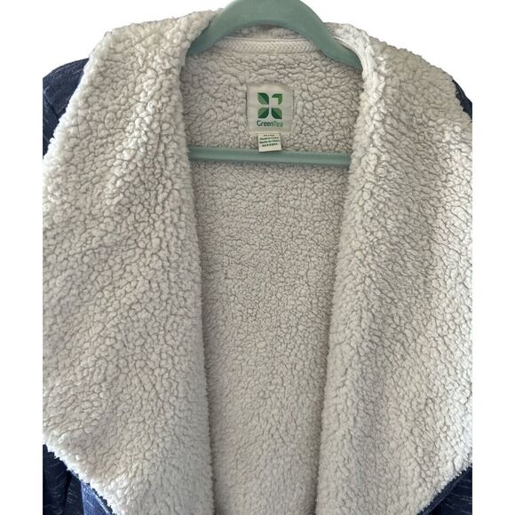 Green Tea Women’s Denim Blue Heather Sherpa Wrap Cardigan Jacket Soft Size XL - Picture 3 of 5